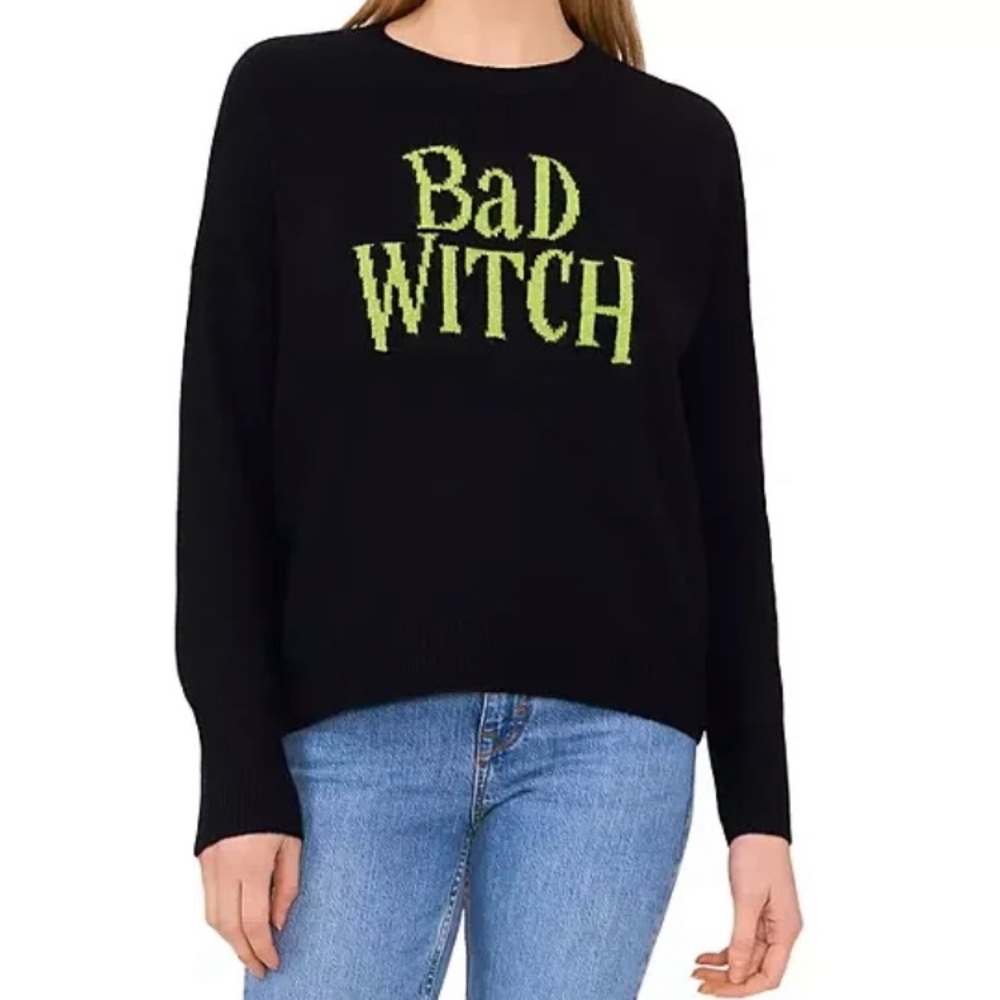 Vince Camuto Black Crewneck Sweater with Neon Green 'Bad Witch' Graphic